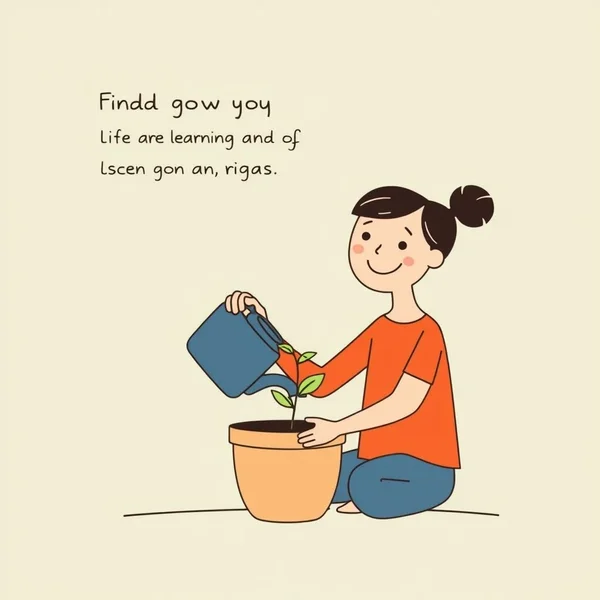 Illustration: A person smiling at a flower, embodying 'The art of being happy lies in the power of extracting happiness from common things'