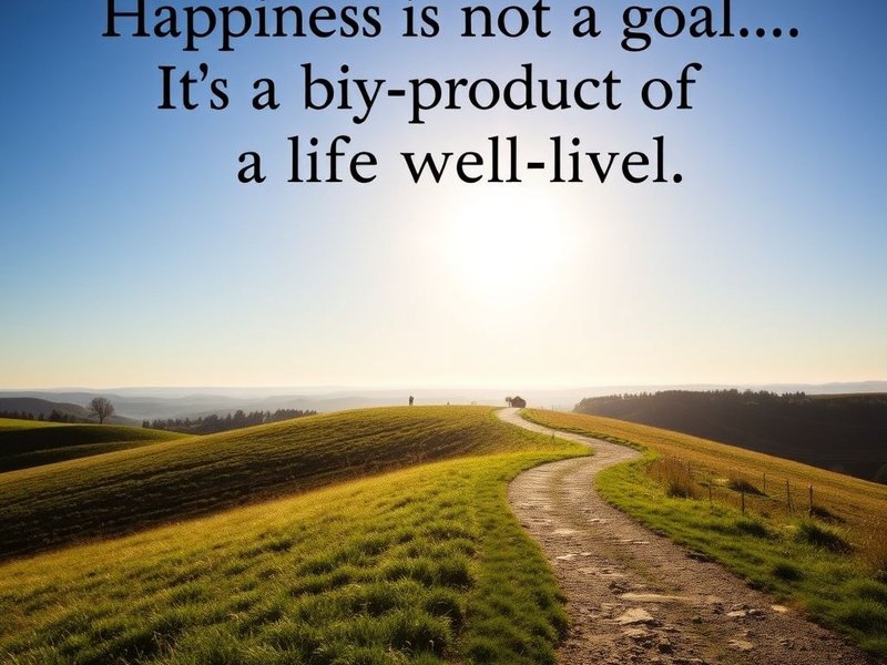 Hình ảnh con đường thanh bình với dòng chữ "Happiness is not a goal...it's a by-product of a life well-lived." được phủ lên