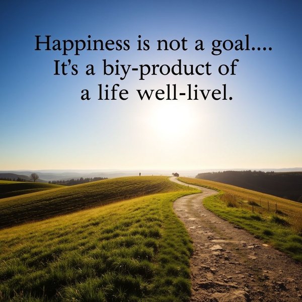 Hình ảnh con đường thanh bình với dòng chữ "Happiness is not a goal...it's a by-product of a life well-lived." được phủ lên