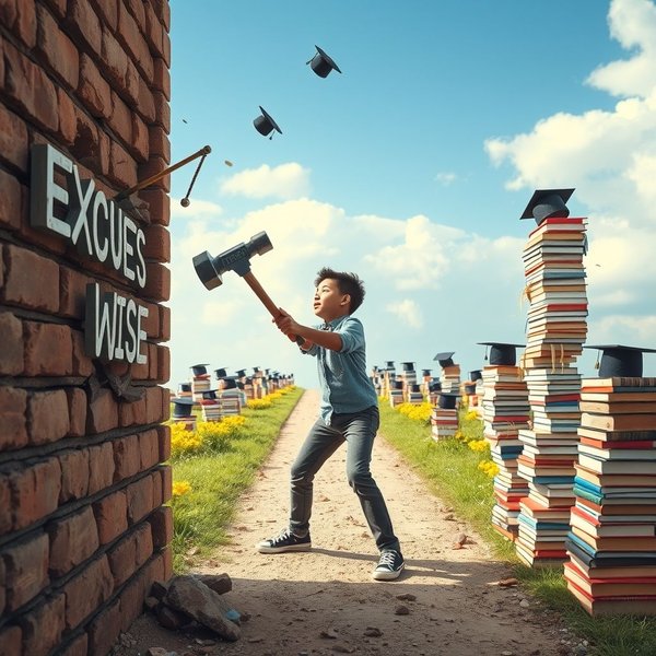 Um estudante determinado superando desafios com o texto "Be stronger than your excuses." sobreposto.
