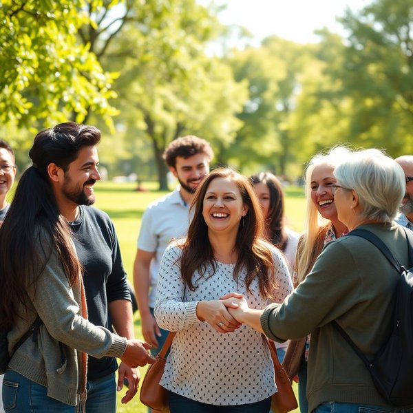 Image: People sharing a happy moment, illustrating the concept of Spread love everywhere you go. Let no one ever come to you without leaving happier.