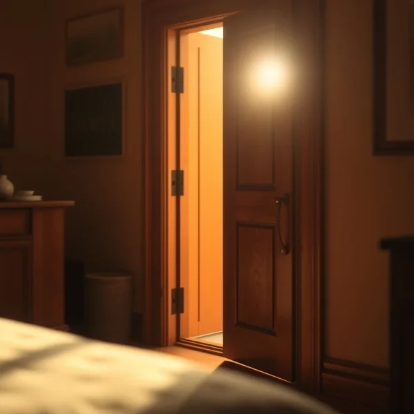 Image: A slightly ajar door with light streaming in, symbolizing how "Happiness often sneaks in through a door you didn't know you left open."