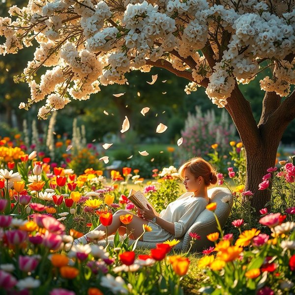 Imagen de un jardín en flor con la cita: Let us be grateful to people who make us happy; they are the charming gardeners who make our souls blossom.