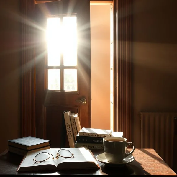 Image: A slightly ajar door with light streaming in, symbolizing how "Happiness often sneaks in through a door you didn't know you left open."