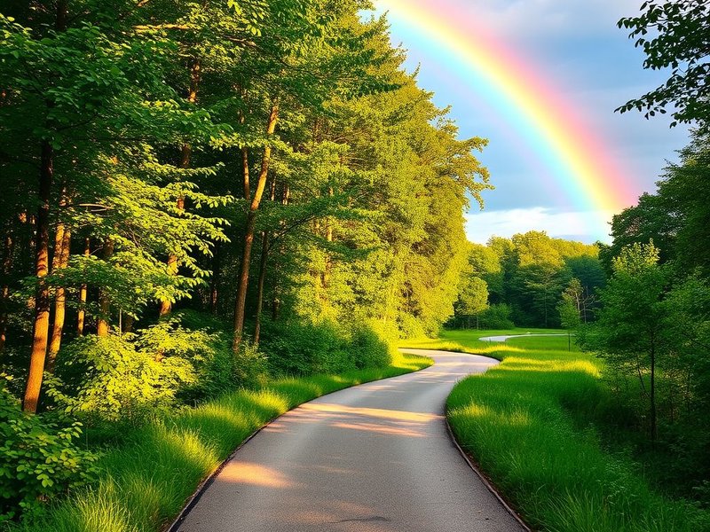 Imagen que muestra un camino sereno e iluminado por el sol con el texto superpuesto: "There is no path to happiness: happiness is the path."