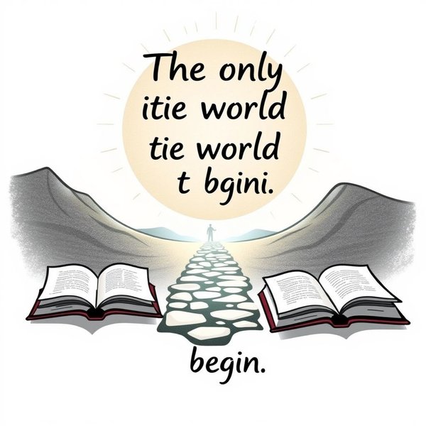 Imagem: Uma representação simbólica do início de uma jornada, ilustrando "The only joy in the world is to begin." Learn English with famous quotes