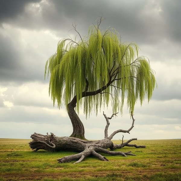 The resilient willow bending in the wind next to a broken oak, illustrating the quote "The oak fought the wind and was broken, the willow bent when it must and survived."