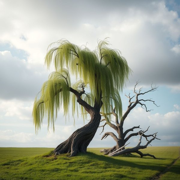 El sauce resiliente doblándose en el viento junto a un roble roto, ilustrando la cita "The oak fought the wind and was broken, the willow bent when it must and survived."