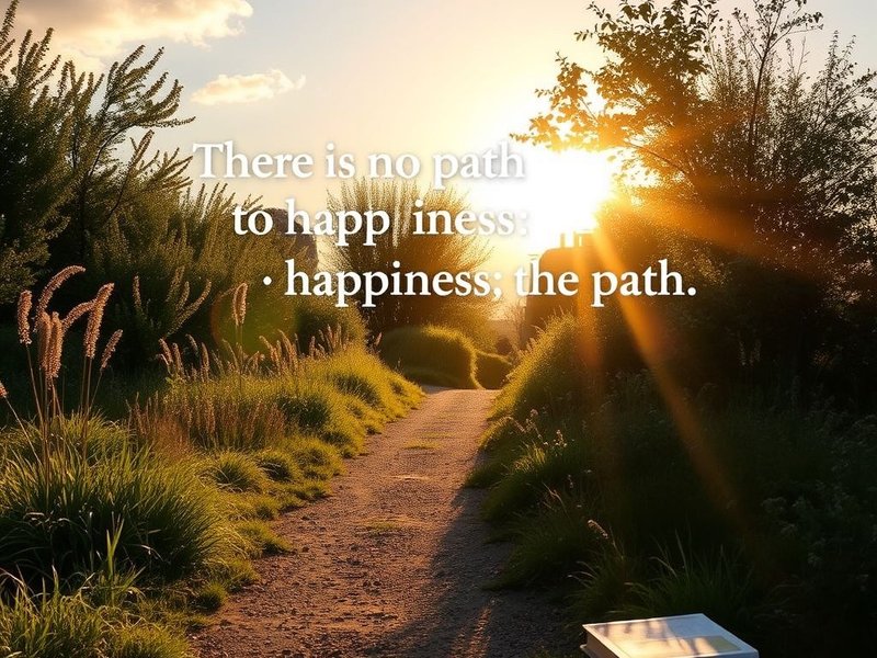 Hình ảnh hiển thị một con đường thanh bình, ngập tràn ánh nắng với dòng chữ: "There is no path to happiness: happiness is the path."