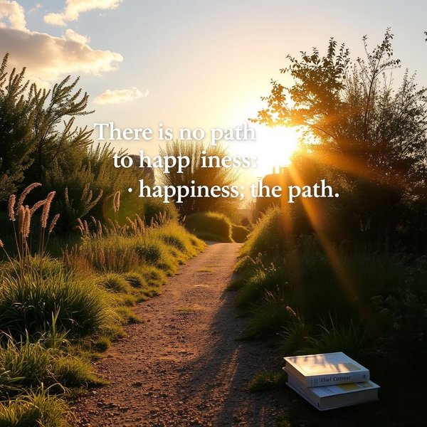 Hình ảnh hiển thị một con đường thanh bình, ngập tràn ánh nắng với dòng chữ: "There is no path to happiness: happiness is the path." 