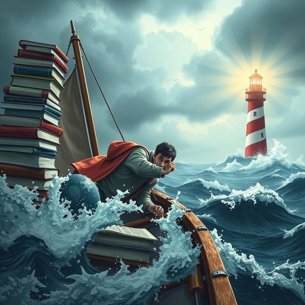 Imagem: Um navio navegando em mares tempestuosos, ilustrando a citação 'Smooth seas do not make skillful sailors'