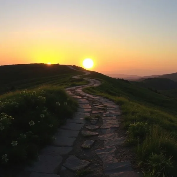 A winding path leading to a bright horizon, symbolizing the journey of overcoming challenges, with the text "What does not kill us makes us stronger" subtly integrated into the landscape.