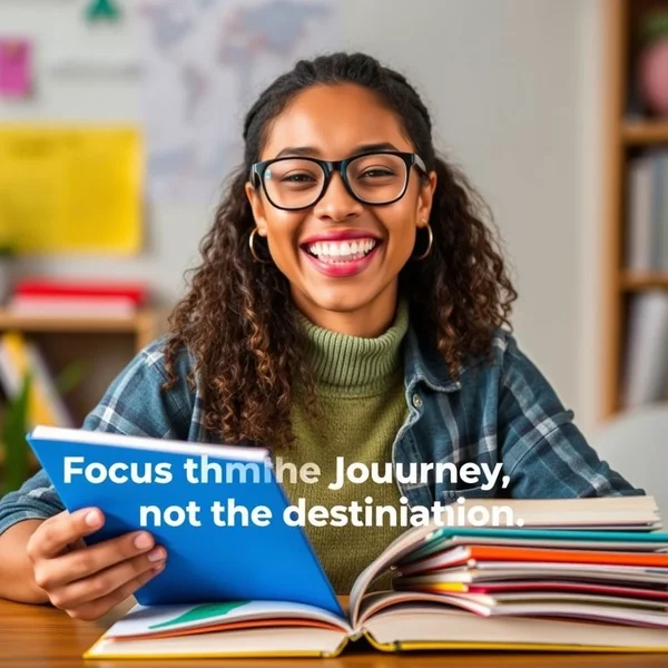 Người đàn ông vui vẻ đi bộ đường dài trên một con đường, tượng trưng cho 'Focus on the journey, not the destination. Joy is found not in finishing an activity but in doing it.'