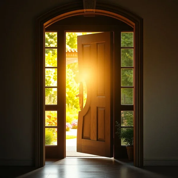 Hình ảnh: Một cánh cửa hé mở với ánh sáng tràn vào, tượng trưng cho cách "Happiness often sneaks in through a door you didn't know you left open."