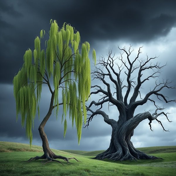 The resilient willow bending in the wind next to a broken oak, illustrating the quote "The oak fought the wind and was broken, the willow bent when it must and survived."
