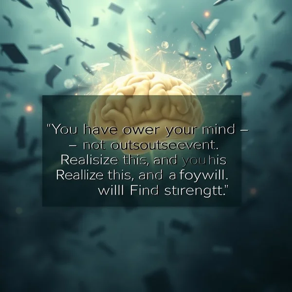 Imagem ilustrando uma mente calma em meio ao caos, incorporando a citação "You have power over your mind – not outside events. Realize this, and you will find strength."