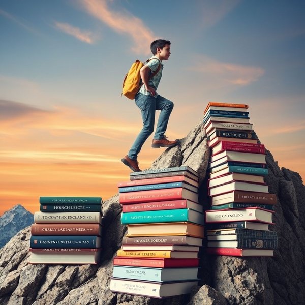 Imagem de um caminho sinuoso que leva a um cume, simbolizando a jornada de aprender inglês com a citação "Our greatest weakness lies in giving up. The most certain way to succeed is always to try just one more time." incorporada.
