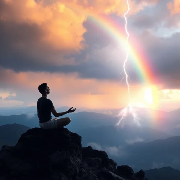 Imagen de una persona tranquila durante una tormenta con la cita "You can't calm the storm, so stop trying. What you can do is calm yourself. The storm will pass."