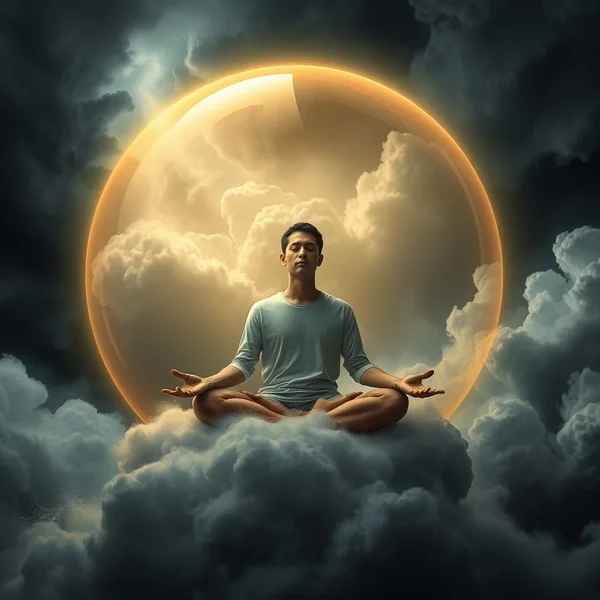 Imagem de uma pessoa calma durante uma tempestade com a citação "You can't calm the storm, so stop trying. What you can do is calm yourself. The storm will pass."