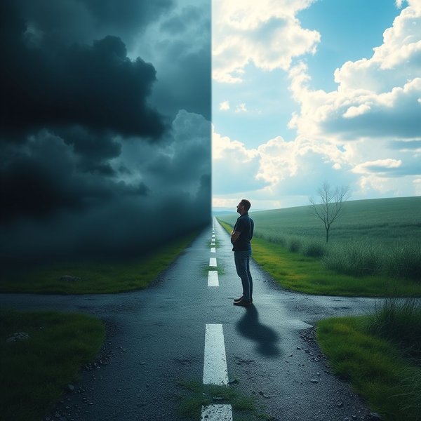 Image illustrating the concept of "Adversity introduces a man to himself" with a person facing a challenge and looking reflective