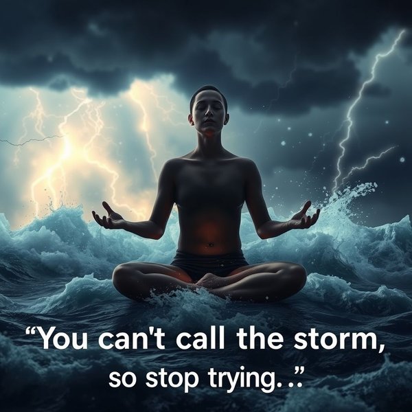 Hình ảnh một người bình tĩnh trong cơn bão với câu nói "You can't calm the storm, so stop trying. What you can do is calm yourself. The storm will pass."
