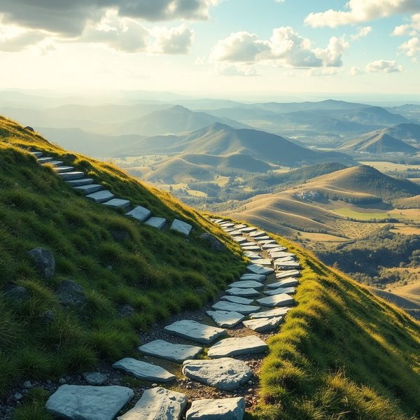 Un camino sinuoso y difícil que conduce a una perspectiva hermosa y soleada, que ilustra el concepto de 'What seems to us as bitter trials are often blessings in disguise'
